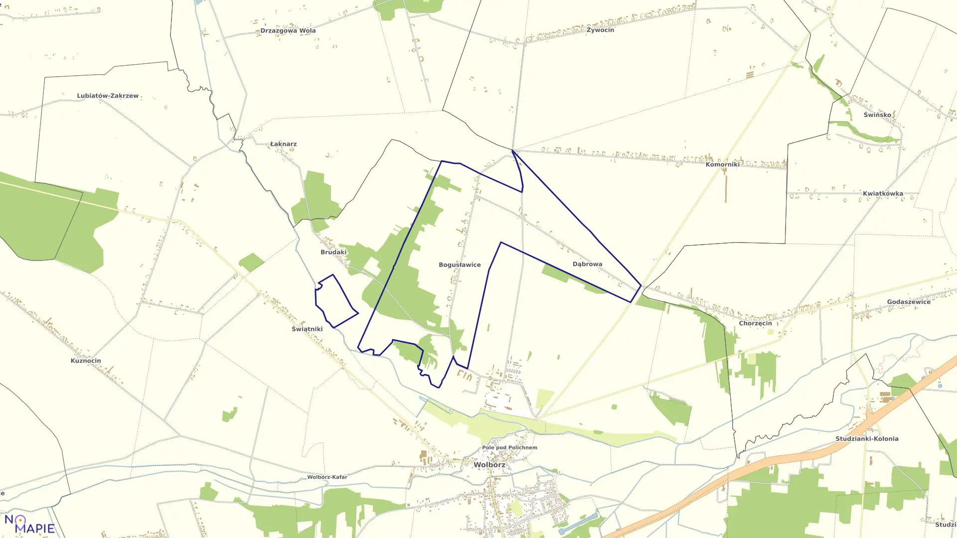 Mapa obrębu BOGUSŁAWICE w gminie Wolbórz