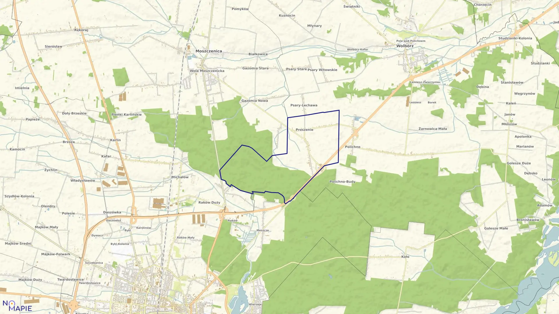 Mapa obrębu PROSZENIE w gminie Wolbórz