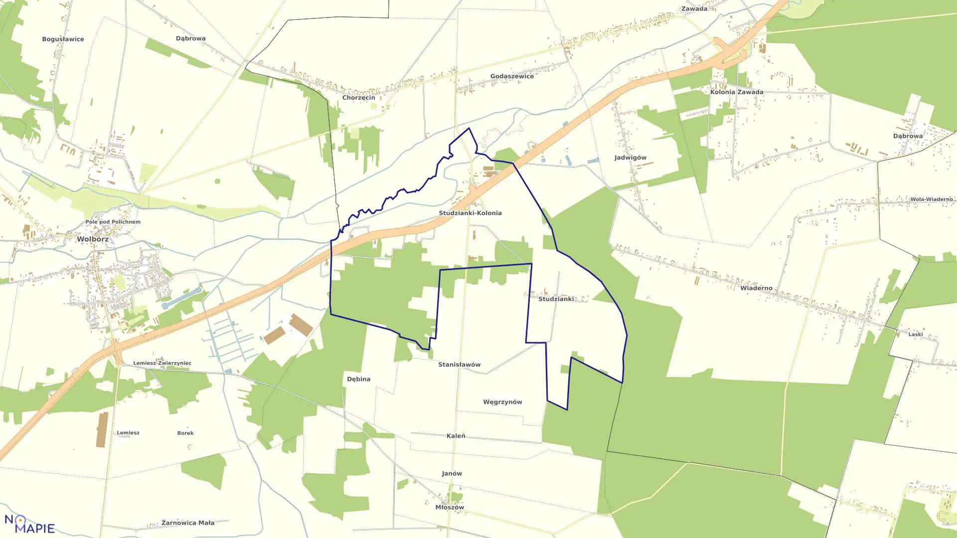 Mapa obrębu STUDZIANKI w gminie Wolbórz